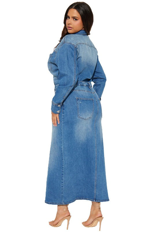 Stylish Long Sleeve Denim Maxi Dress with Cut Off Front